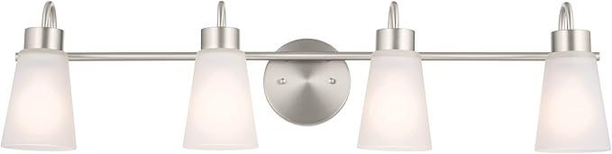 Kichler Erma 4-Light Bathroom Vanity Light Fixture with Satin Etched Glass Shades, Brushed Nickel Wall Mount over Mirror Lighting for Bathroom Vanity (32.5" x 8.5" x 6"), 55127NI