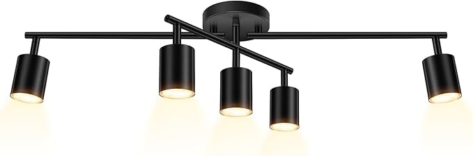 BoostArea 5 Light Track Lighting Kit, Black 5 Way Ceiling Spot Lighting, Center Swivel Track Light Heads, Flexibly Rotatable Light Head for Kitchen, Living Room, Bedroom, GU10 Bulb Not Included