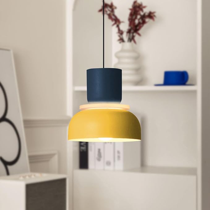2-Lights Mid Century Pendant Light Kitchen Island Nordic Hanging Lights Yellow Colorful Drum Shade Unique Aluminum Dome Lampshade Adjustable Pendant Light Schoolhouse Light Fixture