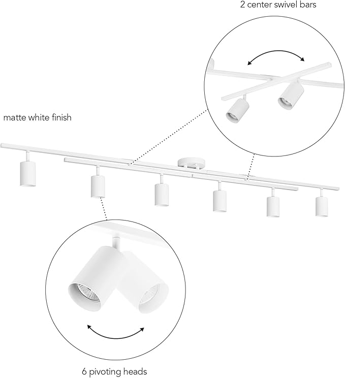 Globe Electric 64000097 64" 6-Light Track Lighting, Matte White, Center Swivel Bars, Pivoting Shades, Ceiling Lamp for Bedroom, Kitchen, Hallway, Bathroom, Den, Dining Room, Home Décor