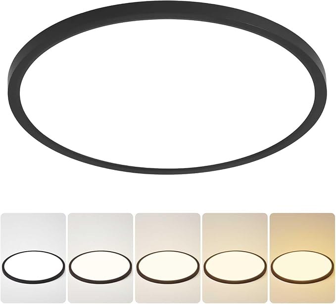 9 Inch Flush Mount Ceiling Light, 5 Color Adjustable Slim 18W 1800LM 2700K-6500K Wired LED Fixture, Modern Low Profile LED Ceiling Lamp for Hallways, Kitchen, Bedroom, Closets, Bathroom, Round, Black