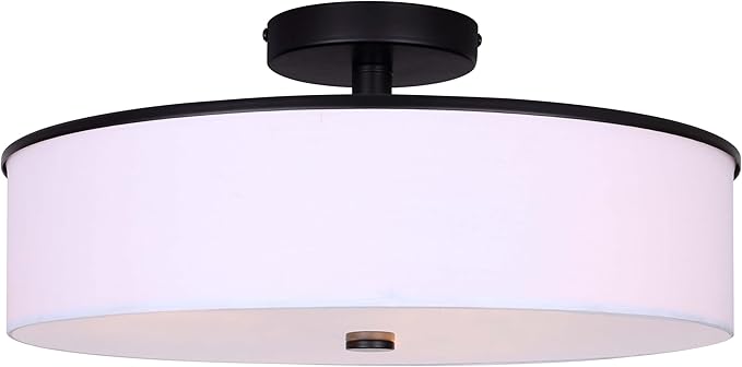 Canarm Tristan Semi-Flush Mount Ceiling Light, 18-Inch Matte Black with White Fabric Shade and Glass Diffuser, Uses 60W Bulbs, Transitonal Lighting for Bedroom or Entryway