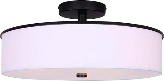 Canarm Tristan Semi-Flush Mount Ceiling Light, 18-Inch Matte Black with White Fabric Shade and Glass Diffuser, Uses 60W Bulbs, Transitonal Lighting for Bedroom or Entryway