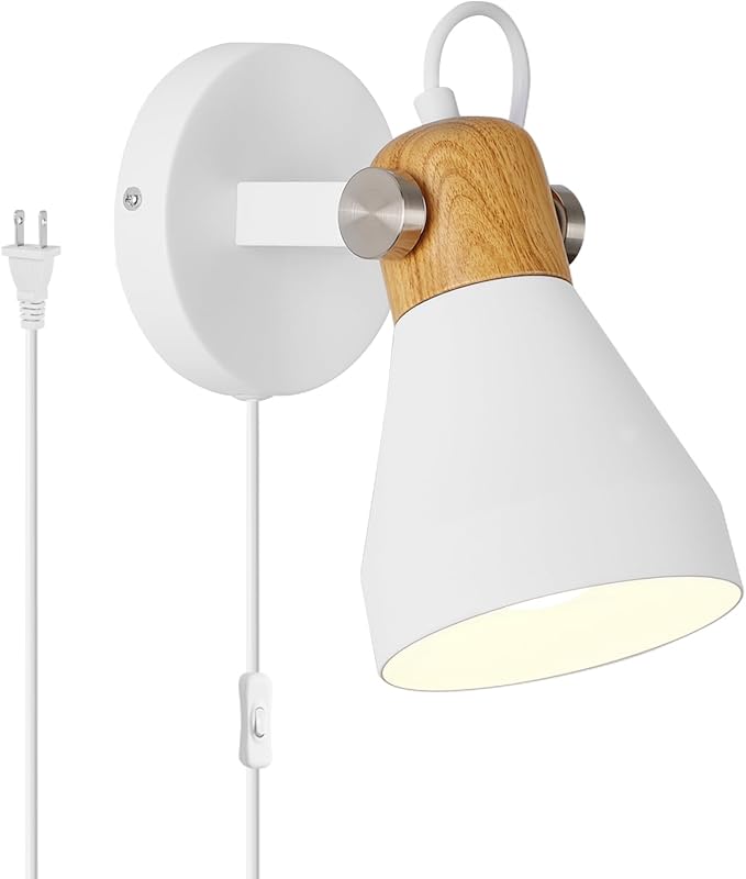 Modern Plug-in Wall Sconces - Matte White Adjustable Reading Light with Natural Wood Accent, Wall Lamp for Bedroom, Living Room, Home Office
