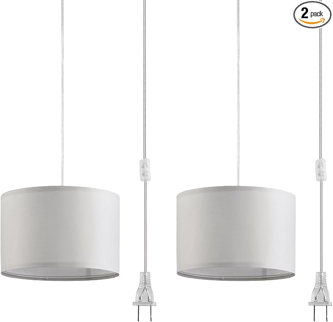 2 Pack Plug in Pendant Light, Hanging Light with 15Ft Clear Cord, On/Off Switch, French Grey Fabric Lamp Shade, Hanging Light Fixture for Bedroom, Kitchen, Living Room, Dining Table