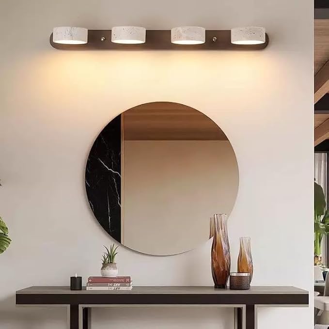 LED Bathroom Vanity Light, Travertine Stone Light Fixture, 360° Rotatable Stone Lampshades, Modern Rustic Wall Lamp for Bedroom, Living Room, Hallway (Walnut Wood-4 Lights)