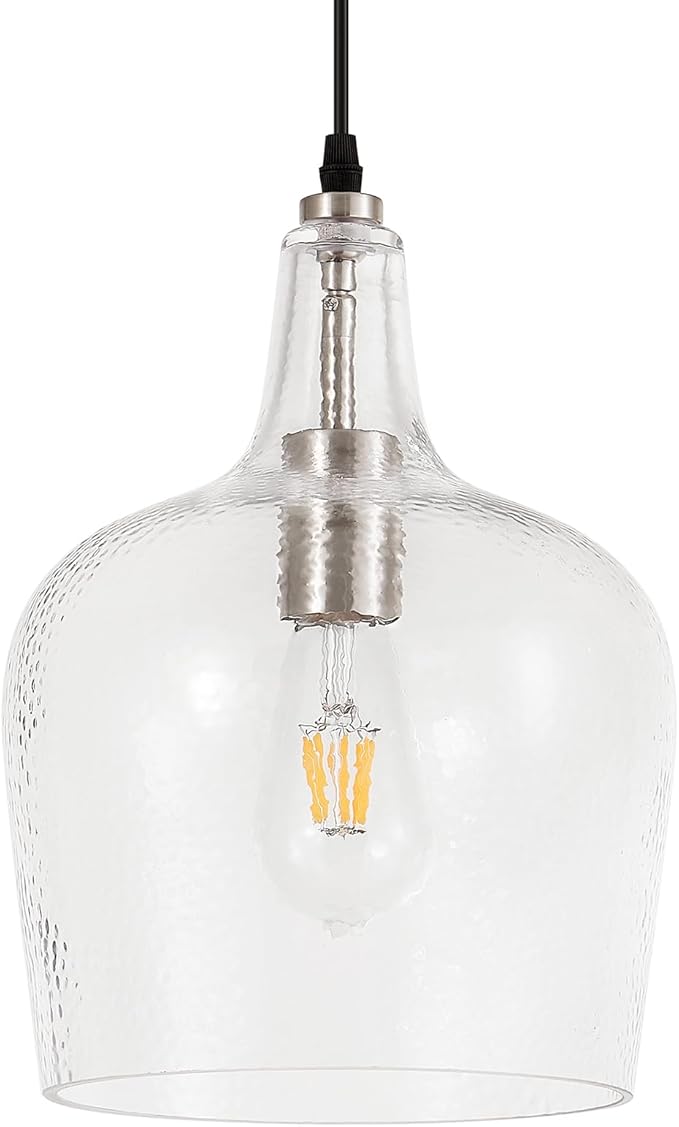 Large Hammered Glass Pendant Light Modern Brushed Nicklel 1 Light Single Dome Pendant Lighting Fixtures for Kitchen Island Dining Room Hallway, Dia 10 Inch, UL Listed