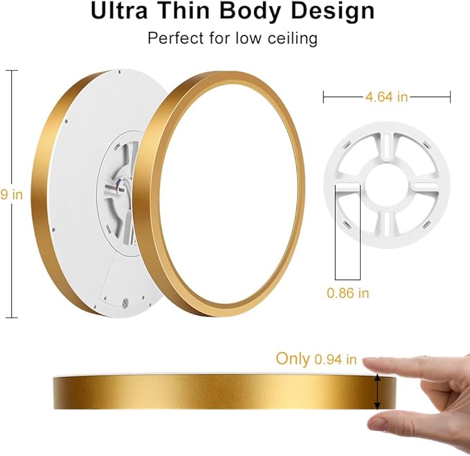 9 Inch Gold LED Flush Mount Ceiling Light, 5000K Daylight White Low Profile LED Ceiling Light, 18W 1800LM, Round Slim Flat Ceiling Lights Fixture for Closets Bedroom Hallway Stairwells Porch