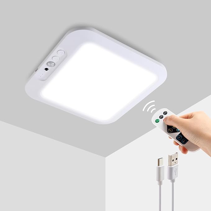 DAMI Rechargeable Ceiling Light with Remote, 4000mAh Battery, Motion Sensor Indoor Shower Light, Dimmable & 3 Color Temperature (3000K/4500K/6500K), Timer for Closet, Hallway, Bathroom, Patio