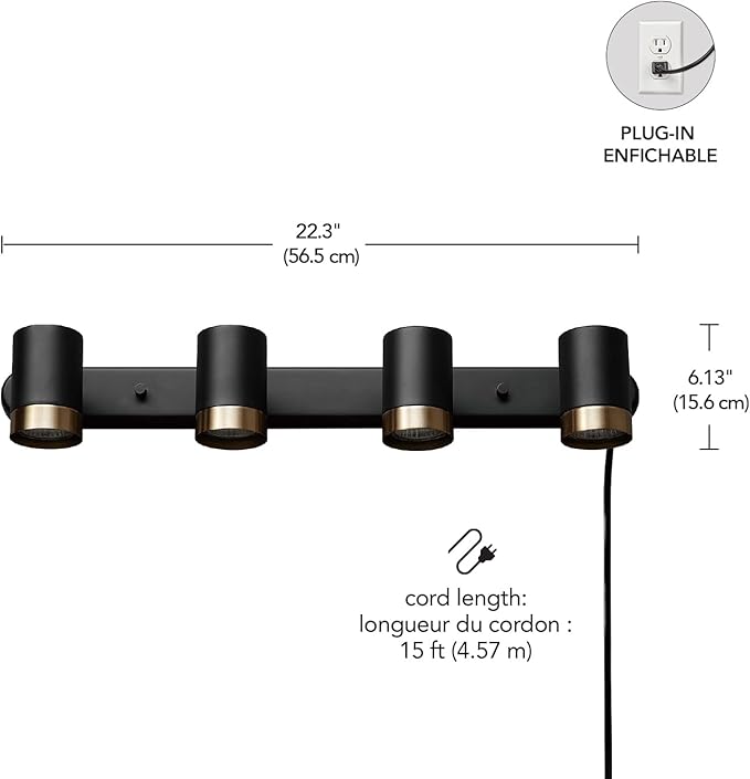 Globe Electric 64000047 22" 4-Light Plug-in Track Lighting, Matte Black, Pivoting Heads, in-Line On/Off Switch, Minimalist Ceiling Light Fixture for Kitchen Island, Hallway, or Dining Room