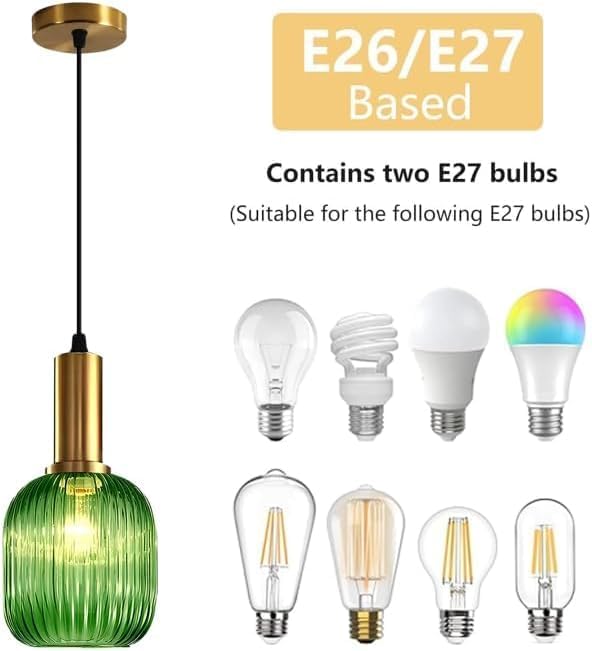 Stunning Green Striped Glass Pendant Light Fixture, 7.87", Bonus 2 A60 Bulbs Included, 2-Pack with Flexible Cords – Enchanting Addition to Kitchen Island, Bedroom Décor