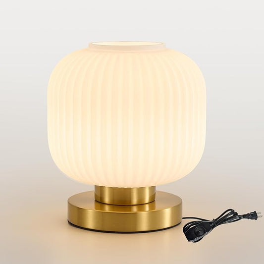 Globe Glass Mid Century Lamp: 7.9" Dimmable Milky White Brass Small Plug in Table Lamps - Vintage Cute Bedroom Ambient Bedside Nightstand Lamp - Modern Entryway Desk Shelf Gold Decorative Ribbed Lamps