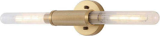 Gold Knurled Texture Wall Sconces 24" Modern Cylinder Bathroom Vanity Lights Fixtures with Clear Striped Glass Shade 2-Lights Indoor Wall Lighting for Living Room Bedroom Kitchen