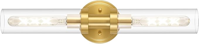 SANTOSTOCK Brushed Gold Bathroom Vanity Light Fixture, 2-Light Modern Wall Sconce Lighting W/Clear Glass, Brass Wall Mount Lamp for Mirror Hallway Kitchen Living Room, E26 T10 Bulbs(Excluded)