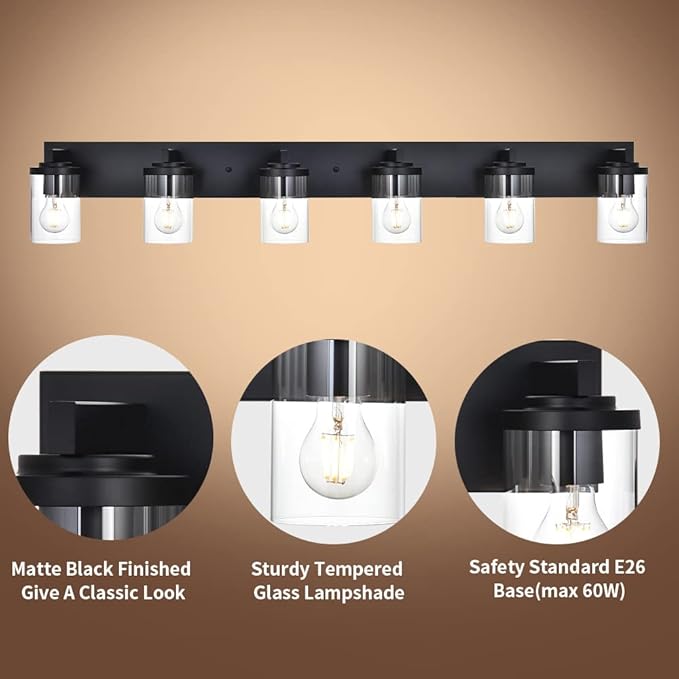 BONLICHT Black Vanity Light Glass Wall Sconce 6 Light Farmhouse Bathroom Light Fixture Over Mirror,Industrial Vintage Bath Lighting Interior Wall Lights Modern Wall Lamp for Dining Room Kitchen Office