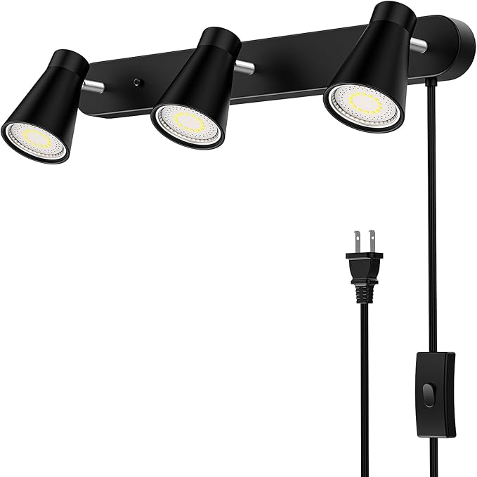 HURYEE Plug in Track Lighting, 3 Light Track Lighting Fixture, White Modern Ceiling Spotlight, Flexibly Rotatable Complete Light Kits for Kitchen Cabinet Living Room（Bulbs Not Included） (Black)