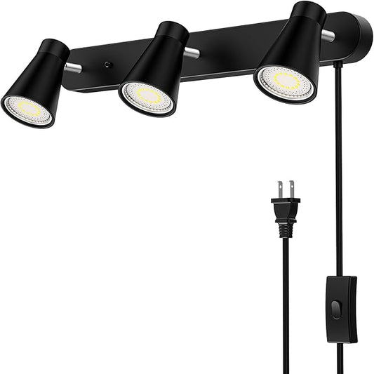 HURYEE Plug in Track Lighting, 3 Light Track Lighting Fixture, White Modern Ceiling Spotlight, Flexibly Rotatable Complete Light Kits for Kitchen Cabinet Living Room（Bulbs Not Included） (Black)