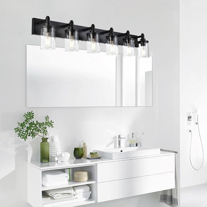 Black Bathroom Vanity Light Fixture,6 Light Vintage Bathroom Lighting Fixtures Over Mirror with Clear Glass Shade Wall Lighting Fixture for Kitchen Living Room Dresser Bedroom Corridor