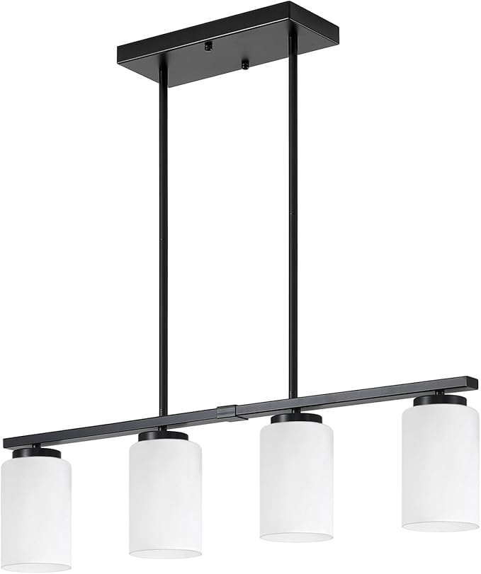 Modern Island Lights for Kitchen, Black Dining Room Light Fixtures, 4-Light Farmhouse Linear Chandeliers Over Table White Frosted Glass Adjustable Hanging Light Kitchen Pendant Lighting Over Island