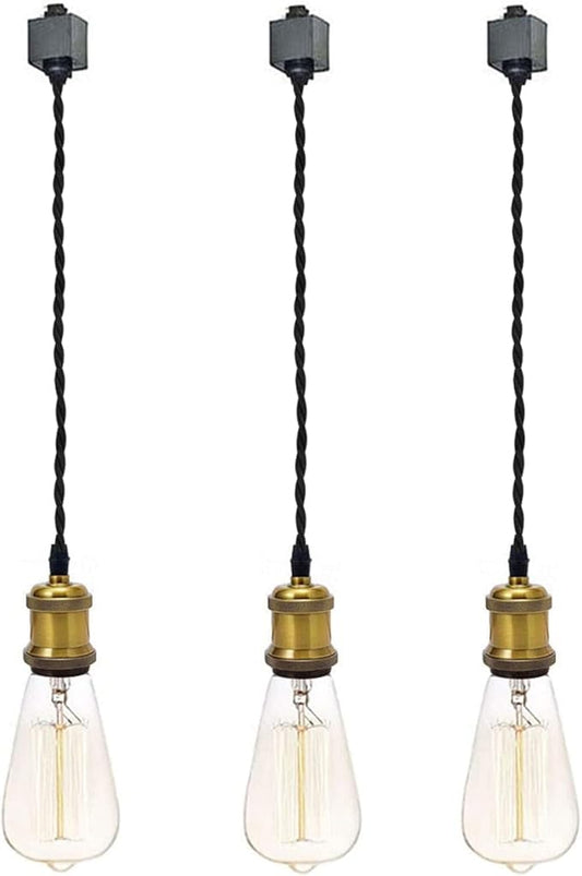 Kiven 3-Light H-Type Wire Track Light Pendants, 39.4 Inch Cord Length Black Weave Rope, Restaurant Chandelier Decorative Pendant Light Industrial Factory Pendant Lamp 3 Pack,Bulb Not Included（Gold）