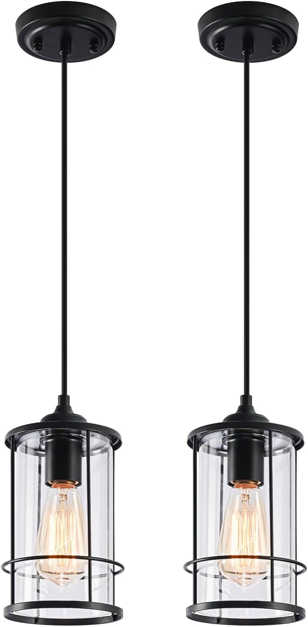 AKEZON Pendant Lights, Black Hanging Light Fixtures Kitchen Island 2 Pack with Clear Glass, Modern Industrial Cage Pendant Lighting for Kitchen Dining Room Entryway Bathroom
