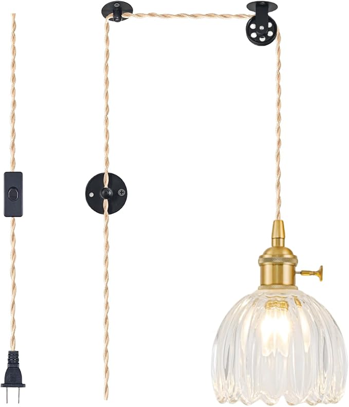 Plug in Pendant Light Fixtures, Hanging Light Fixture Vintage Glass Pendant Light, Mini Transparent Tulip Hanging Lamp, Pendant Lighting for Kitchen Island, Bedroom, Dining Room, Living Room