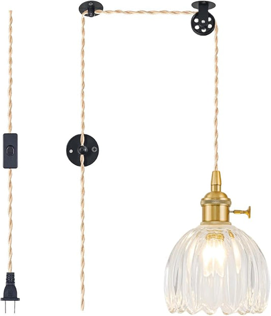 Plug in Pendant Light Fixtures, Hanging Light Fixture Vintage Glass Pendant Light, Mini Transparent Tulip Hanging Lamp, Pendant Lighting for Kitchen Island, Bedroom, Dining Room, Living Room