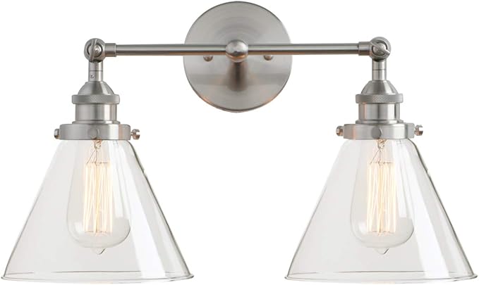 PERMO Industrial Vintage Slope Pole Wall Mount Single Sconce with Funnel Flared Clear Glass Shade Wall Sconce Light Lamp Fixture Hardwired (Antique Gold) (Brushed, Funnel Flared 2-Light Hardwired)