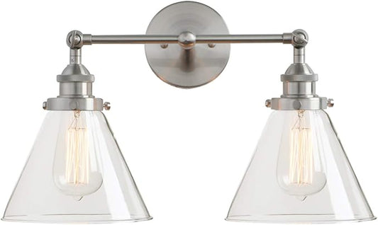 PERMO Industrial Vintage Slope Pole Wall Mount Single Sconce with Funnel Flared Clear Glass Shade Wall Sconce Light Lamp Fixture Hardwired (Antique Gold) (Brushed, Funnel Flared 2-Light Hardwired)