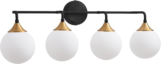 Bathroom Light Fixtures, 4-Light Black Gold Bathroom Vanity Lights Over Mirror, Modern Farmhouse Wall Sconce Lighting with Milk White Glass Ball Shades