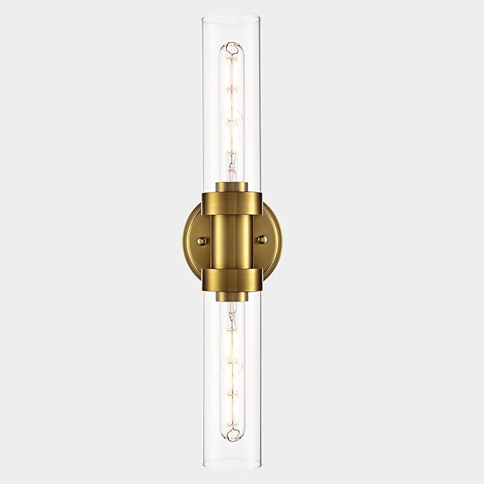 Modern 2-Light Gold Wall Sconce with Clear Glass Shade 20-Inch Brass Glass Bathroom Wall Light Fixtures for Hallway Staircase Living Room