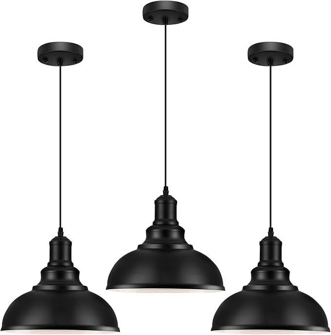 3PCS Pendant Lighting, Vintage Industrial Fixtures, Black Metal Chandelier Lights, Ceiling Lamp for Kitchen Home Island Dining Room Bedroom, 11.4 inches