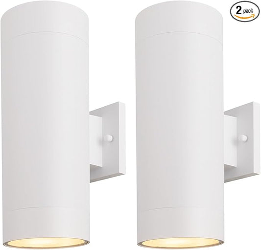 mirrea 14" Modern Outdoor Porch Light Patio Light in 2 Lights with Aluminum Cylinder and Tempered Glass Cover Waterproof Wall Sconce 2 Pack (Matte White)