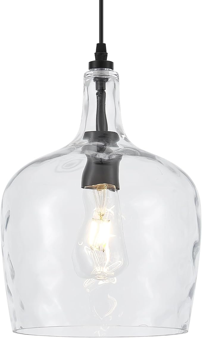 10” Large Stone-Hammered Glass Pendant Light Modern Matte Black 1 Light Single Dome Pendant Lighting Fixtures for Kitchen Island Dining Room Hallway, UL Listed