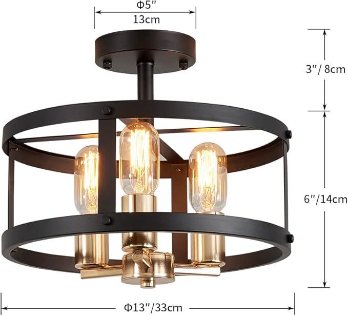 AGV LIGHTING Farmhouse Semi Flush Mount Ceiling Light Fixture， 3-Light Close to Ceiling Light, Shiny Gold & Matte Black Finish