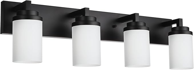 TODOLUZ 4-Lights Bathroom Light Fixtures in Matte Black, Modern Opal White Glass Vanity Light E26 Bulb Base, Wall Mount Lighting for Bedroom Bath Living Room
