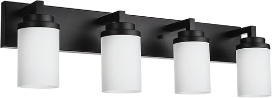 TODOLUZ 4-Lights Bathroom Light Fixtures in Matte Black, Modern Opal White Glass Vanity Light E26 Bulb Base, Wall Mount Lighting for Bedroom Bath Living Room