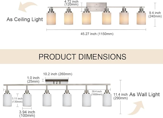 TODOLUZ 6-Lights Track Lighting Ceiling, Ceiling Spotlight Fixtures Brushed Nickel Bathroom Vanity Lighting with Opal White Glass, E26 Bulb Base
