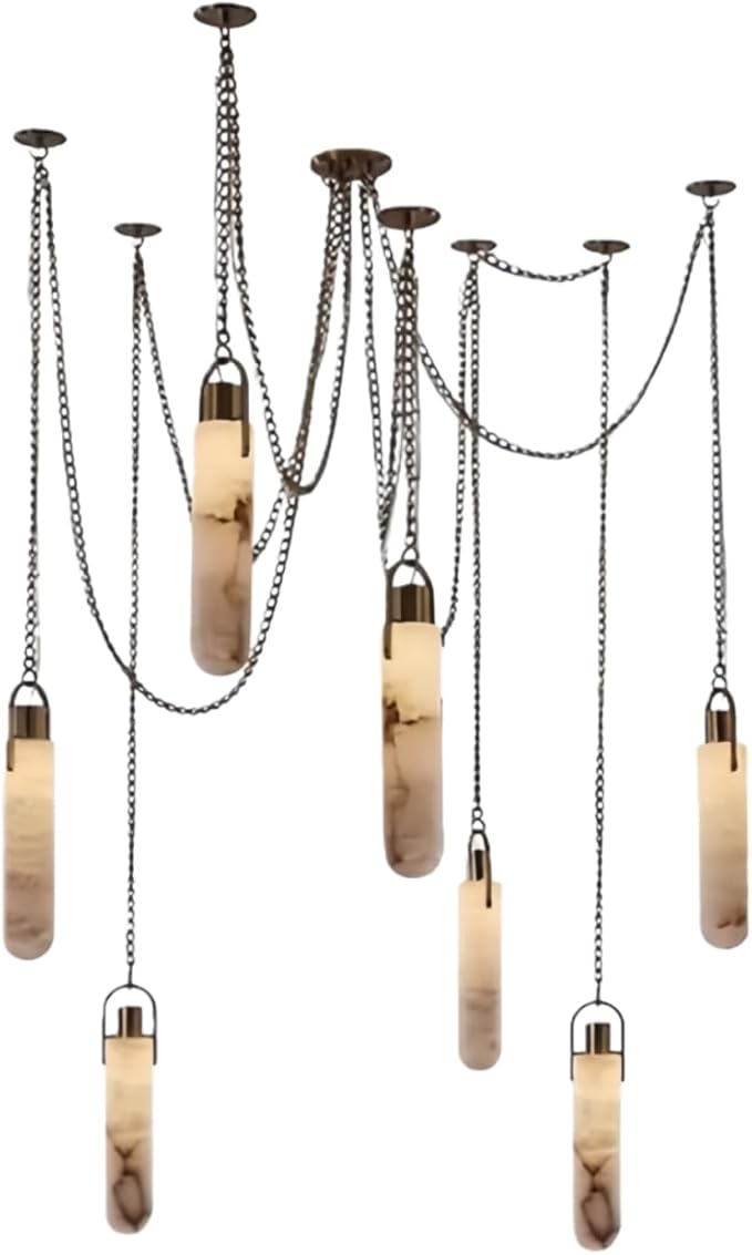 RUIBO Alabaster 7 Light LED Multi-Drop Hanging Pendant Lighting,Cylinder Natural Marble Multi Light Pendant Lights,Living Dining Room Loft Bedroom Modern LED Hanging Lamps(E14)