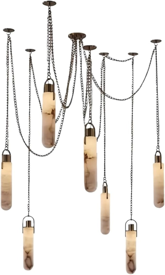 RUIBO Alabaster 7 Light LED Multi-Drop Hanging Pendant Lighting,Cylinder Natural Marble Multi Light Pendant Lights,Living Dining Room Loft Bedroom Modern LED Hanging Lamps(E14)