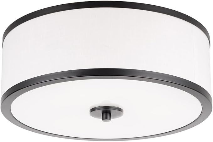 3-Light Flush Mount Ceiling Light Fixture, 12.6 " Drum Light with White Fabric Shade, Modern Close to Ceiling Light for Living Room Bedroom Dining Room Kitchen Hallway Entry (Matt Black)