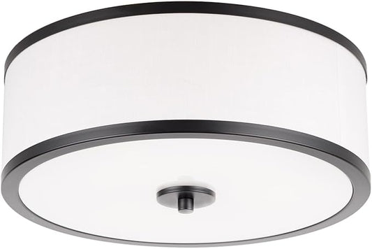 3-Light Flush Mount Ceiling Light Fixture, 12.6 " Drum Light with White Fabric Shade, Modern Close to Ceiling Light for Living Room Bedroom Dining Room Kitchen Hallway Entry (Matt Black)