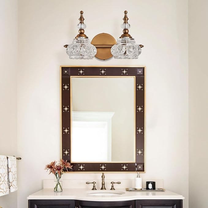 Bathroom Vanity Light Fixtures, 2-Light Vintage Crystal Bathroom Lighting, Matte Brushed Antique Brass Finish, Vintage Wall Sconce Light with Crystal Glass Shade