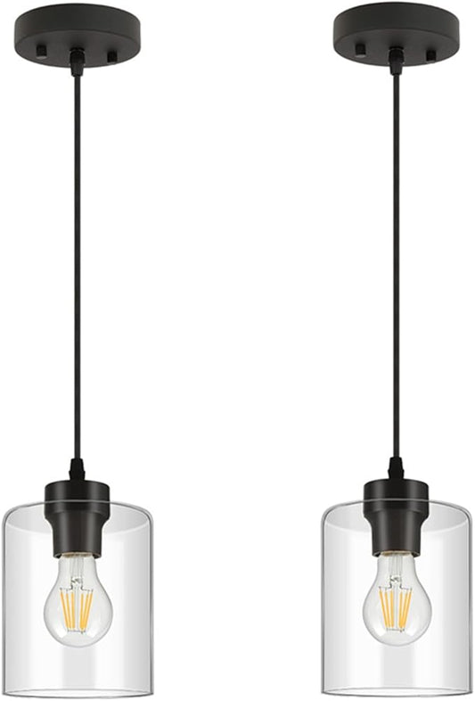 BoostArea Modern Pendant Light Fixtures, Industrial Hanging Ceiling Lamp with Clear Glass Shade, Farmhouse Black Pendant Lighting for Kitchen Island Decor Living Room Hallway Bedroom Dining（2 Pack）