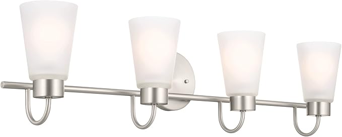 Kichler Erma 4-Light Bathroom Vanity Light Fixture with Satin Etched Glass Shades, Brushed Nickel Wall Mount over Mirror Lighting for Bathroom Vanity (32.5" x 8.5" x 6"), 55127NI