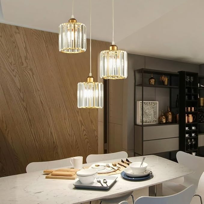 1 Pack Glass Pendant Light Battery Operated with Remote, Rechargeable Wireless Hanging Light Gold, Battery Powered Pendant Lamp Small Crystal Glass Chandelier for Kitchen Dining Table Bedroom