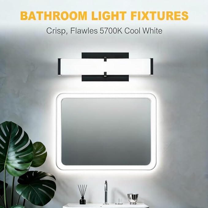 16 Inch LED Bathroom Lighting Fixtures Over Mirror, Modern Black Vanity Lights for Bathroom, Dimmable Vanity Light Bar, 5700K Cool White IP44 Waterproof Wall Light