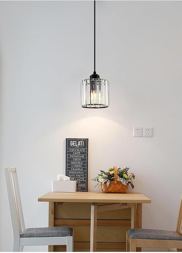 1 Pack Glass Pendant Light Battery Operated with Remote, Rechargeable Wireless Hanging Light Black, Battery Powered Pendant Lamp Small Crystal Glass Chandelier for Kitchen Dining Table Bedroom