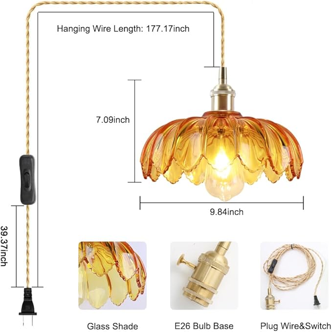 Plug in Pendant Light with Amber Glass Lamp Shade Brass Vintage Hanging Light Fixture Adjustable Chandelier for Kitchen Island Dining Room Bedroom Living Room Hallway