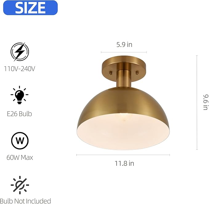 11.8'' Vintage Gold Globe Semi Flush Mount Ceiling Light Fixture, Farmhouse Hallway Light Mid Century Modern Ceiling Mount Lamp Light Fixture for Living Room Bedroom Kitchen Entryway